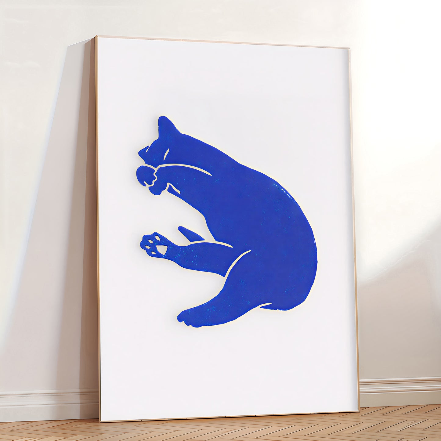 Simple line art cat poster in monochrome blue tones