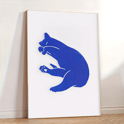 Simple line art cat poster in monochrome blue tones