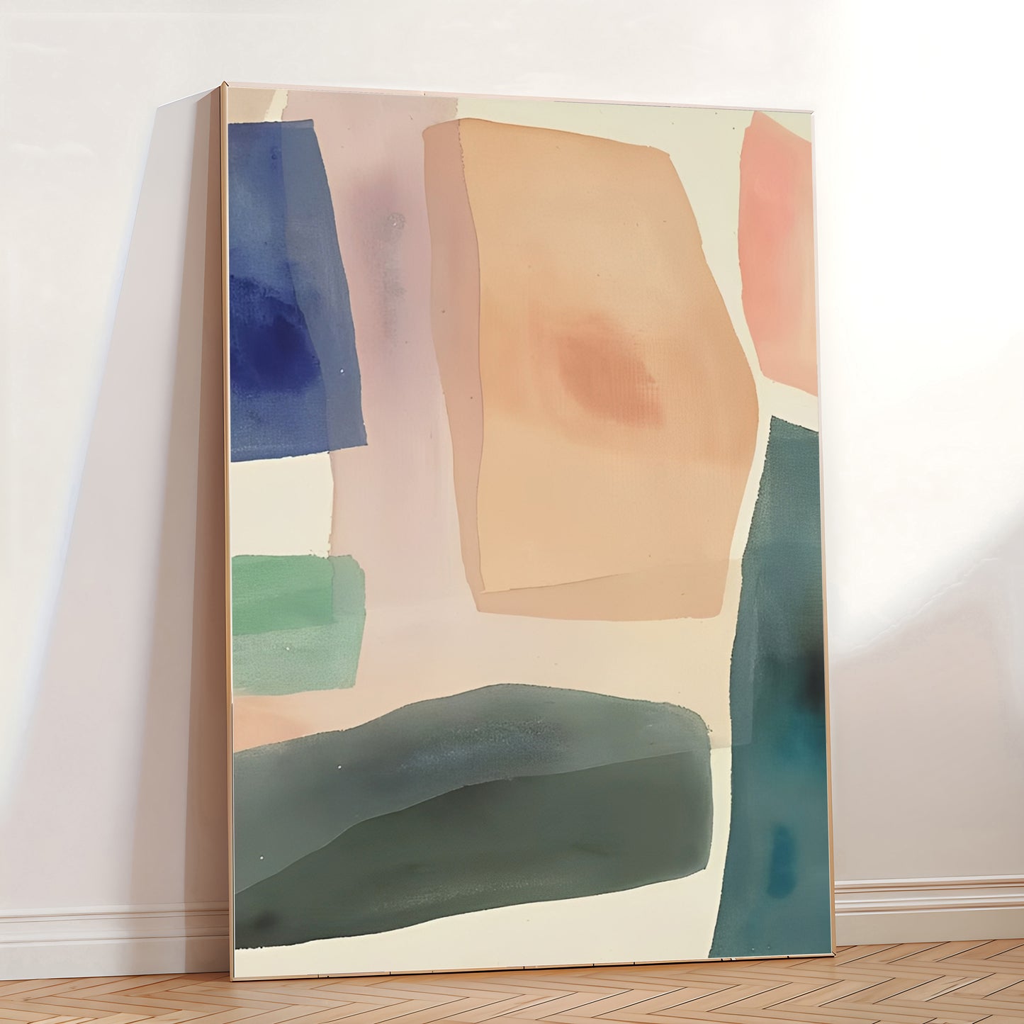 Abstract art piece with colorful shapes on a white wall.