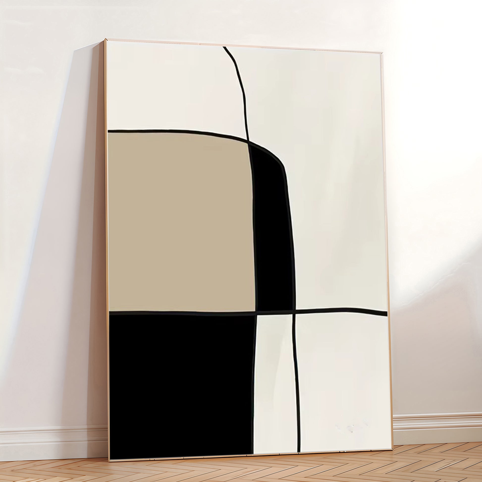 Abstract art piece with geometric shapes on a white wall.
