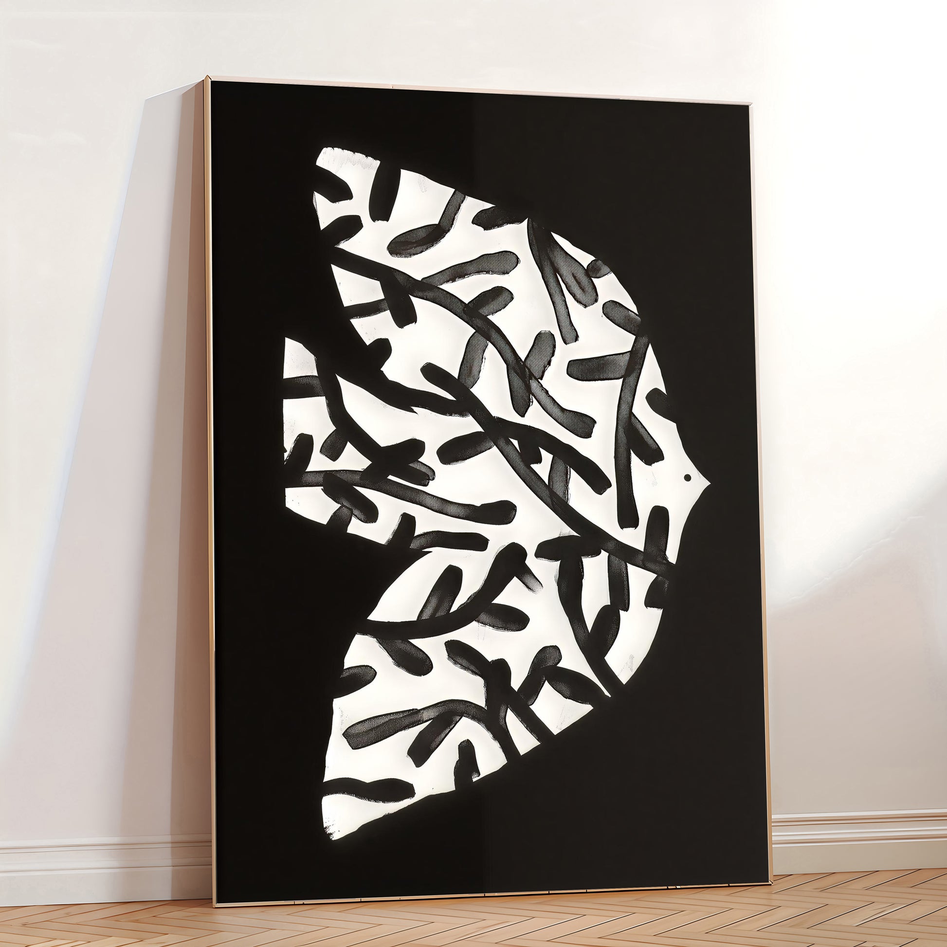 Abstract black and white artwork on a black background