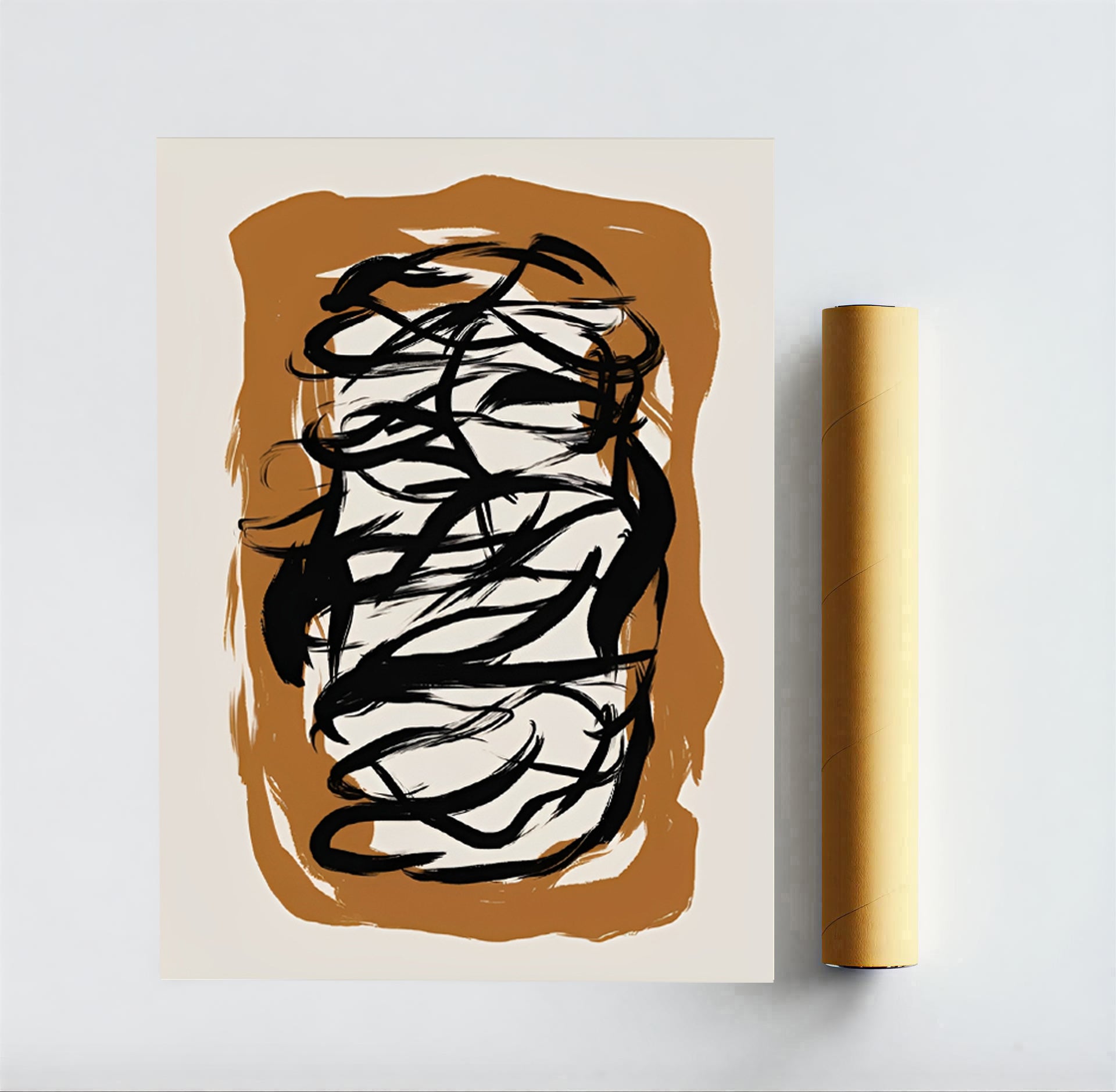 Abstract art print with black wavy lines on a brown and beige background, next to a roll of yellow paper.