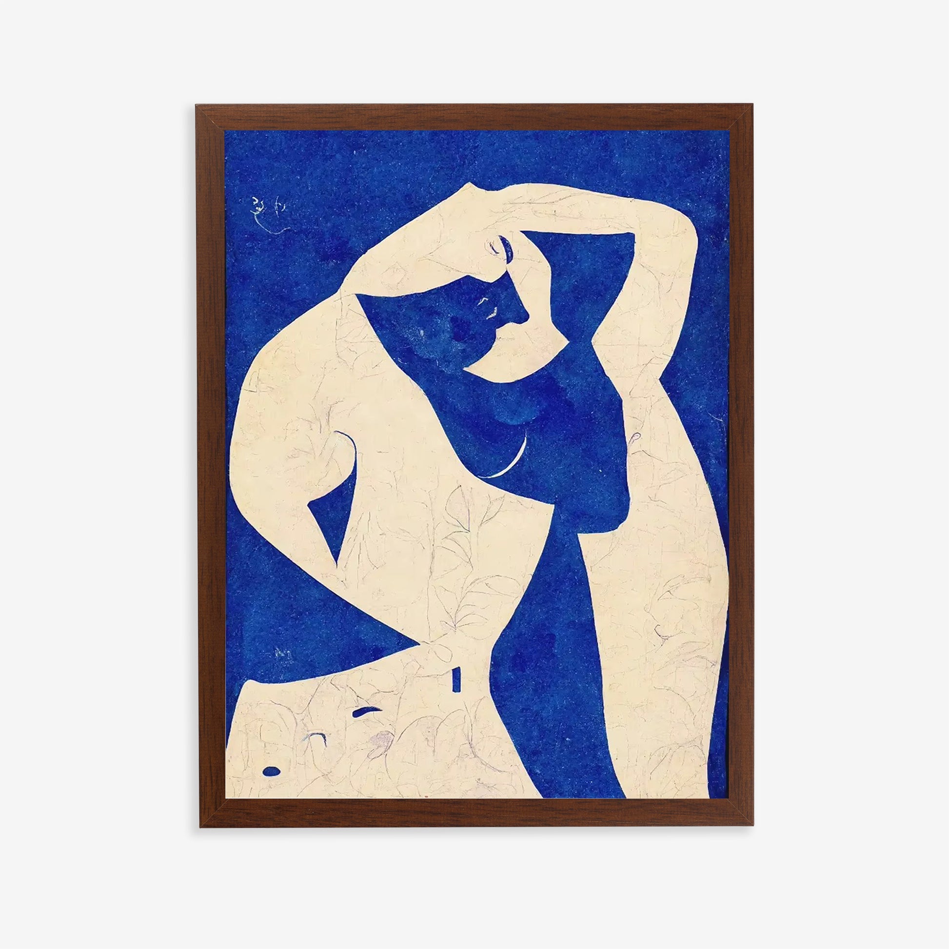 Framed artwork of a stylized figure with blue and beige colors on a blue background.