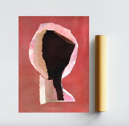 Abstract art piece with a keyhole shape on a red background