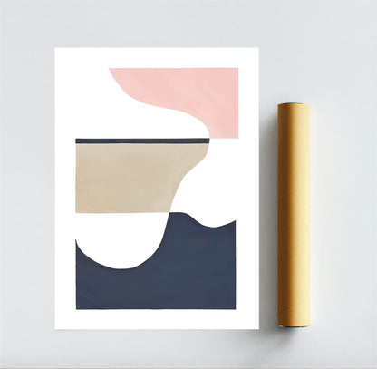 Abstract art print with geometric shapes in pink, beige, and navy on a white background.