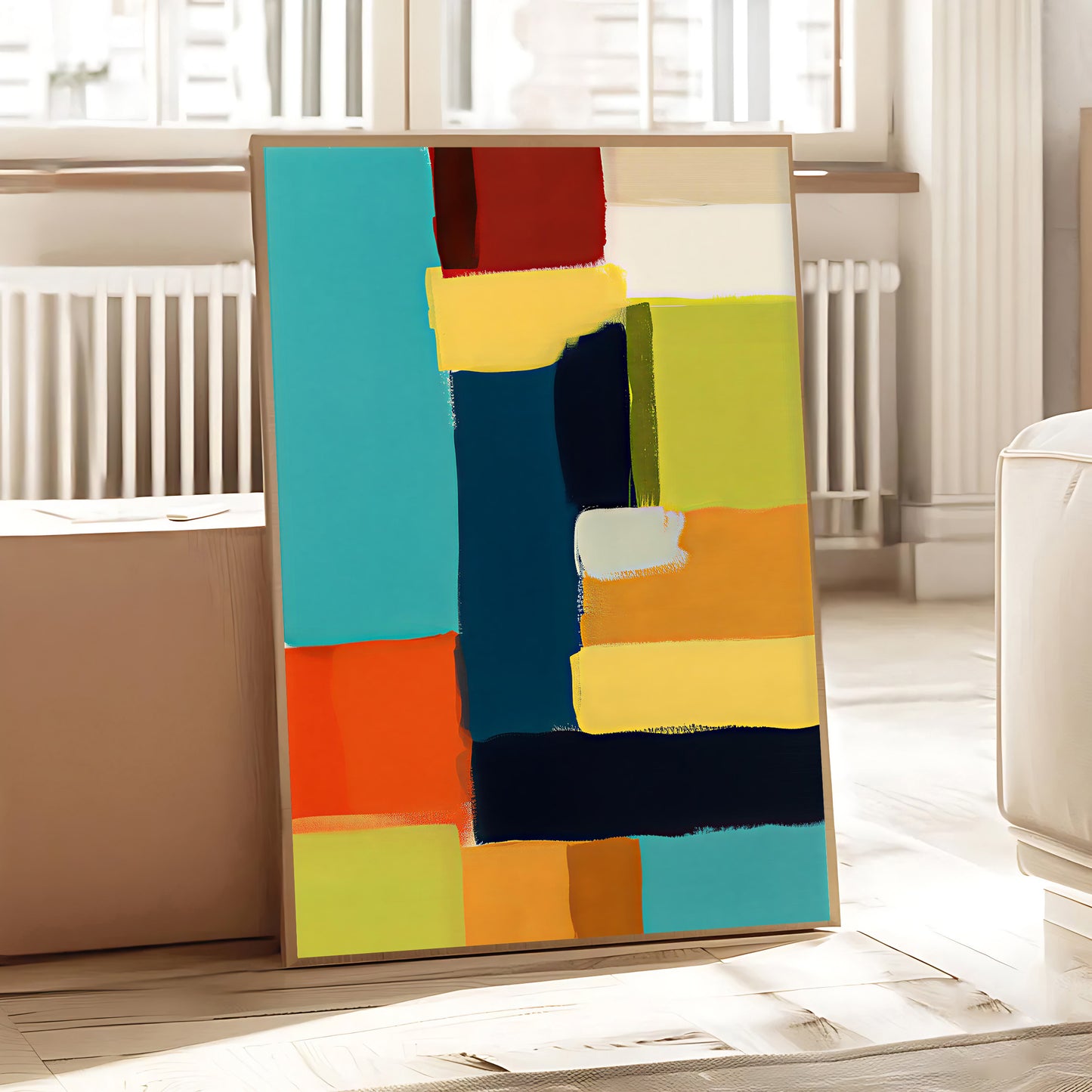 Colorful abstract painting on a wooden floor with a neutral background