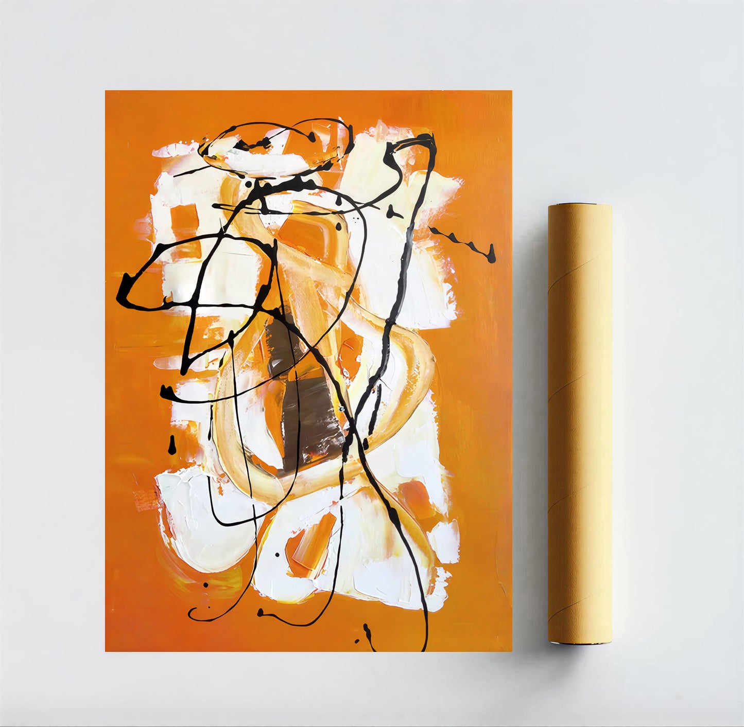 Abstract art painting with orange, white, and black on a white wall.