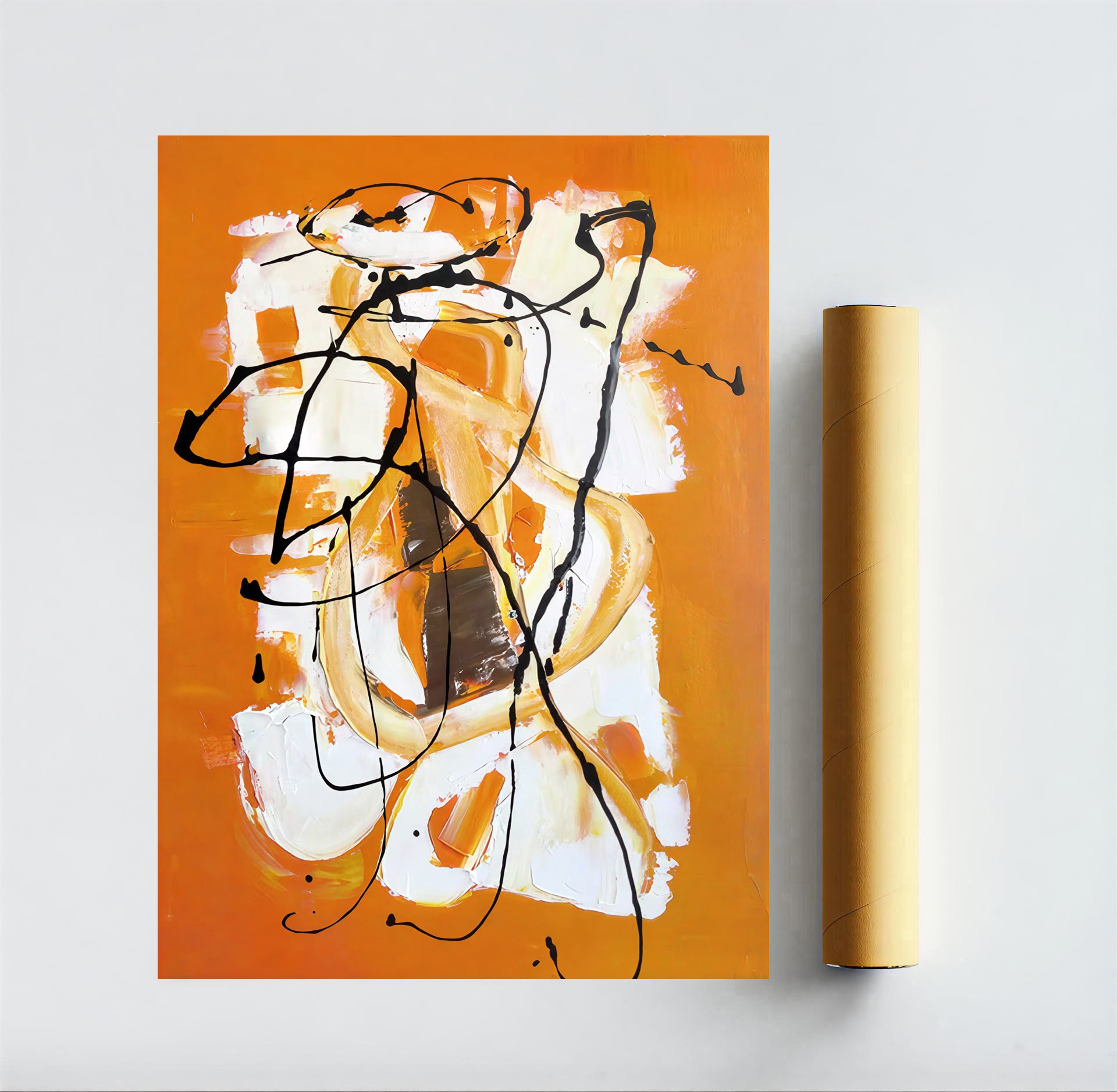 Abstract art painting with orange, white, and black on a white wall.