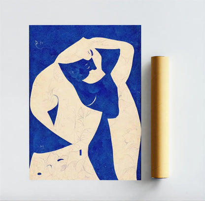 Artistic depiction of a nude figure on a blue background with a roll of paper next to it.