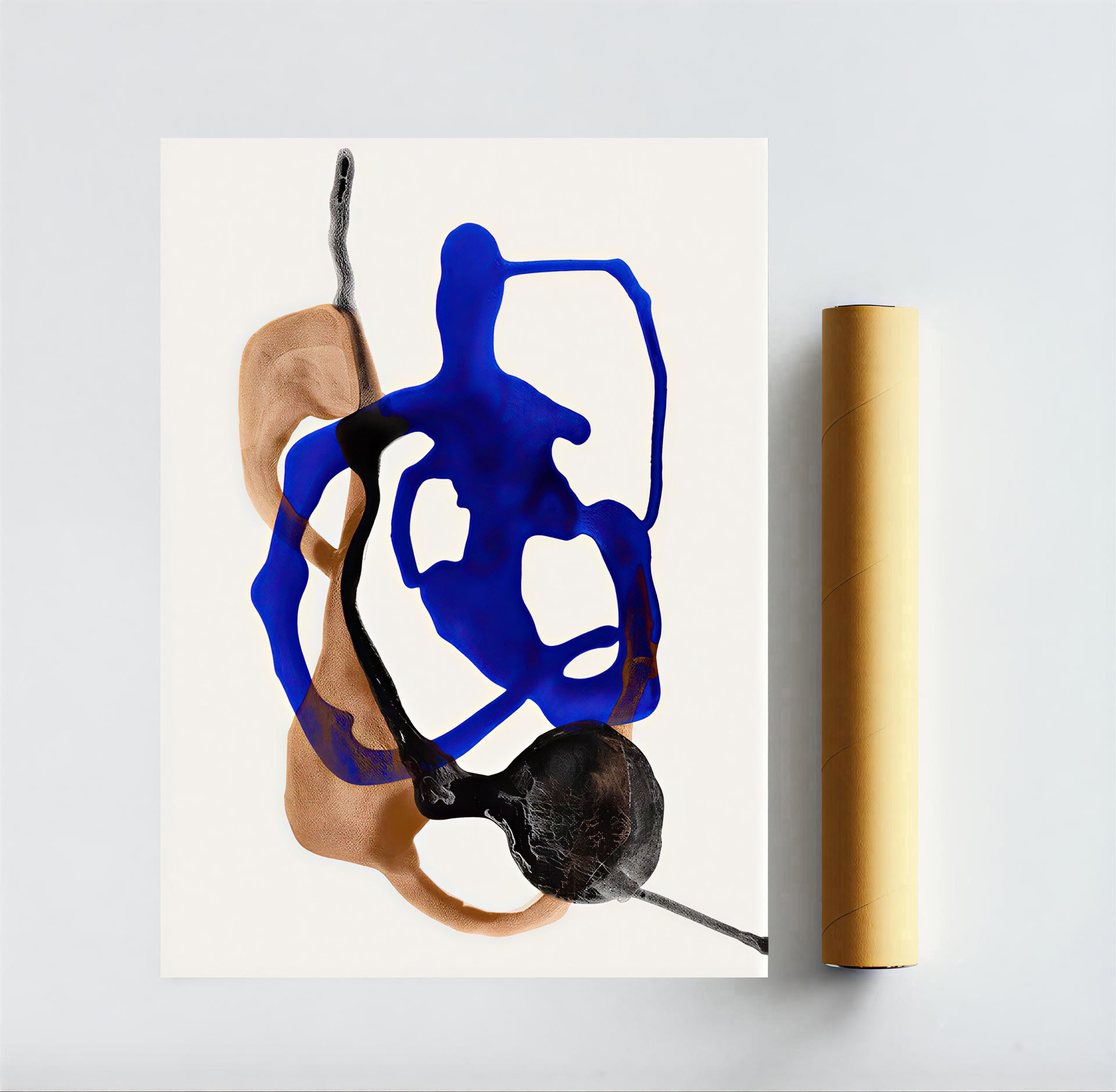 Abstract art print with blue and brown shapes on a white background