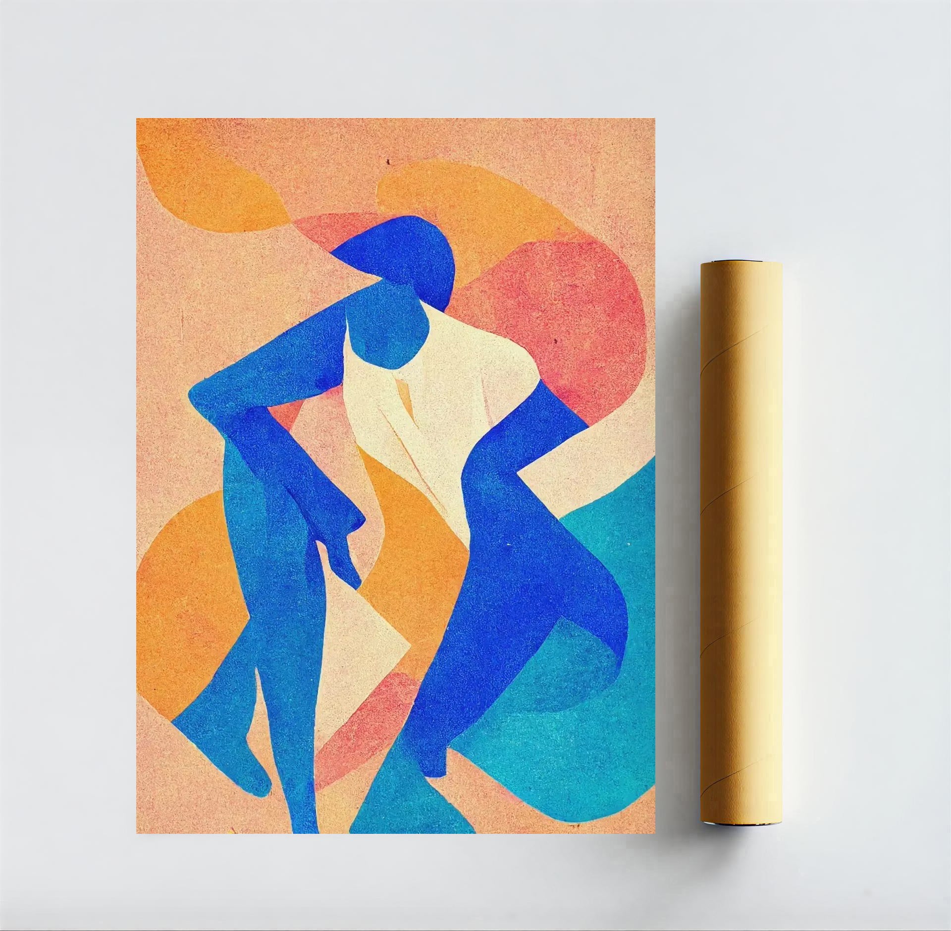 Abstract art print with blue and beige figures on a colorful geometric background, next to a roll of paper.