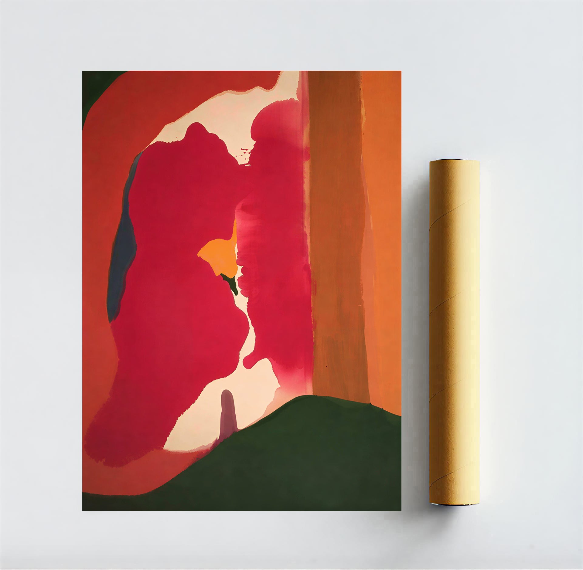 Abstract art print with a rolled-up poster on a white background