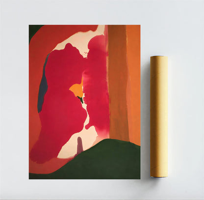 Abstract art print with a rolled-up poster on a white background