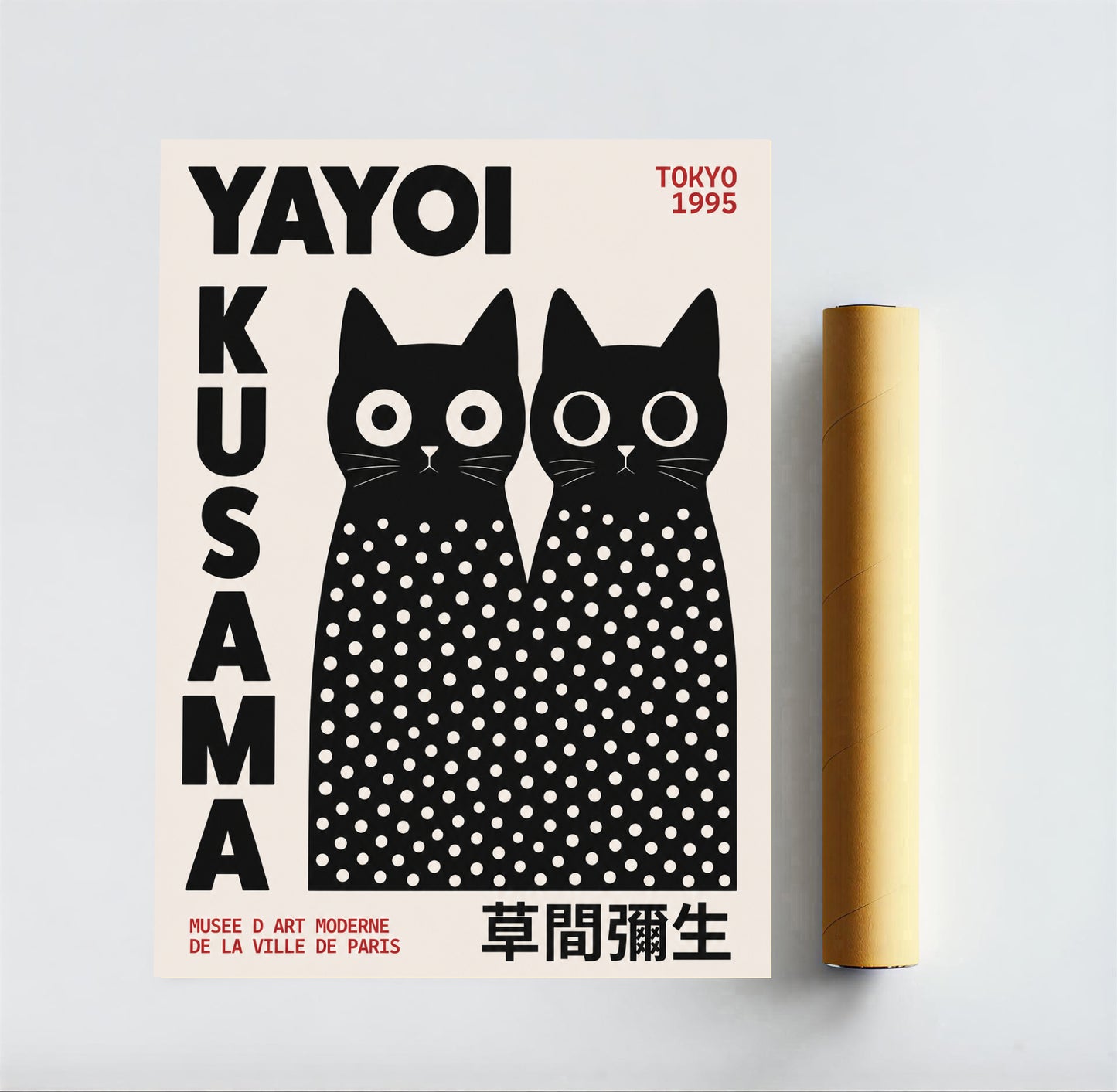 Yayoi Kusama cats poster illustrations on a beige background