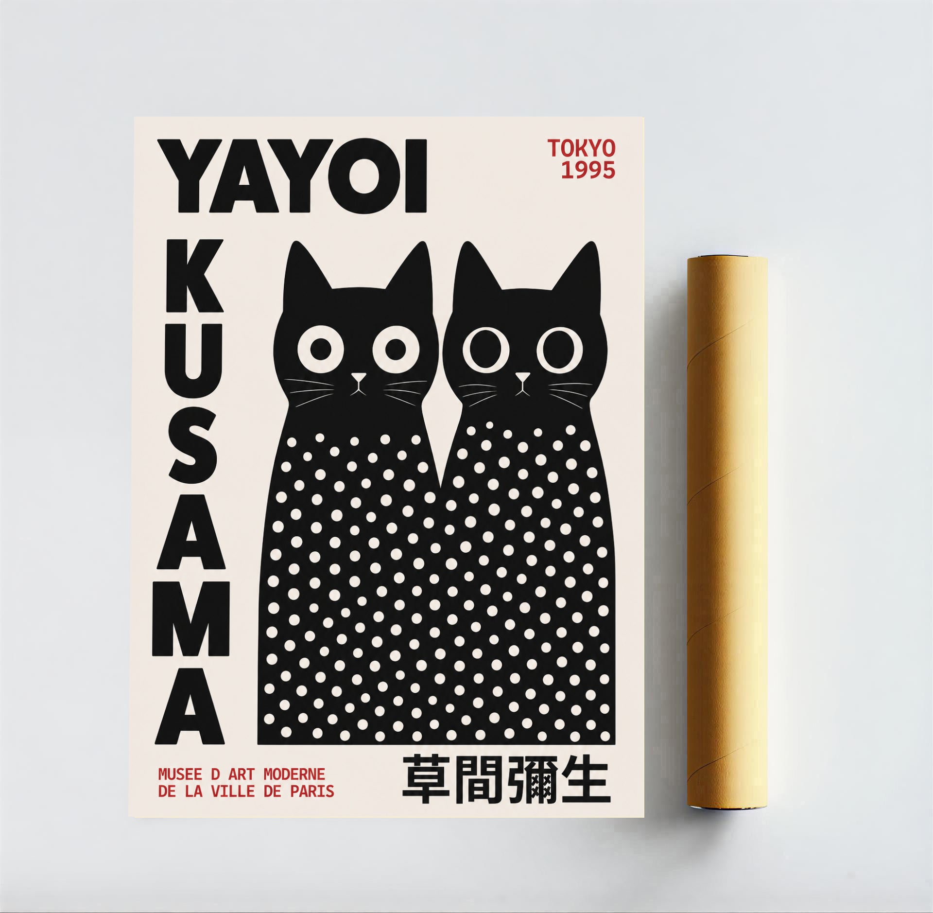 Yayoi Kusama cats poster illustrations on a beige background
