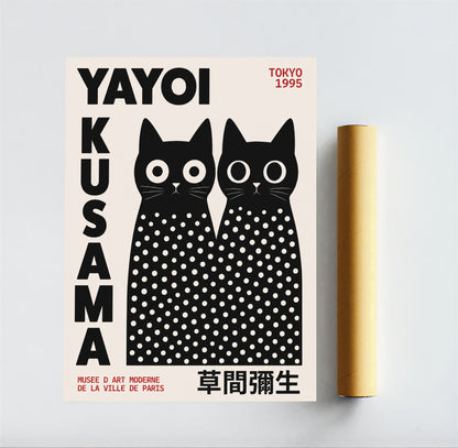 Yayoi Kusama cats poster illustrations on a beige background