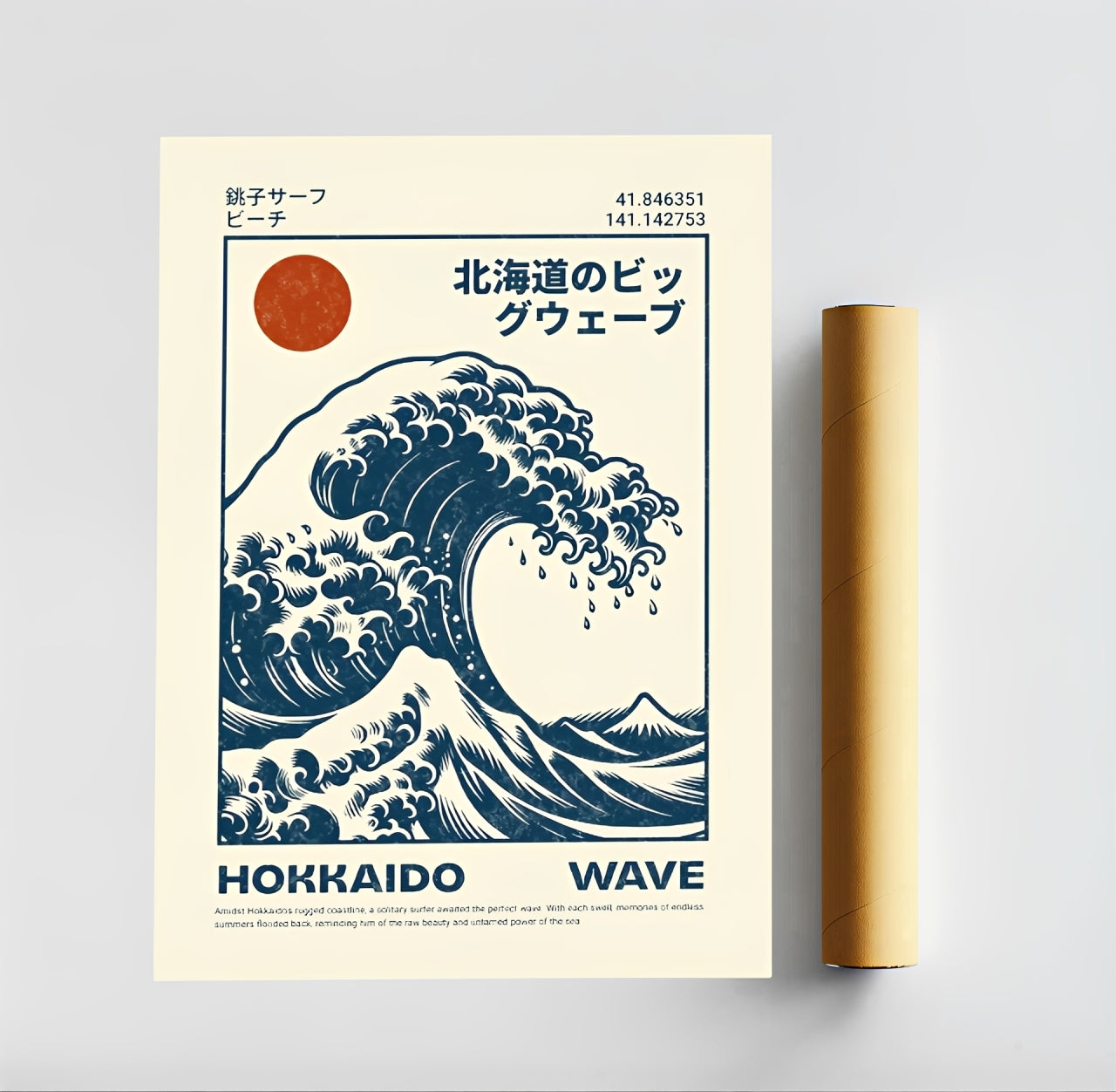 Packaging with a Hokusai Wave Poster Print and text on a beige background