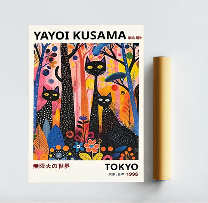 Yayoi Kusama  black cats and colorful trees on a white background