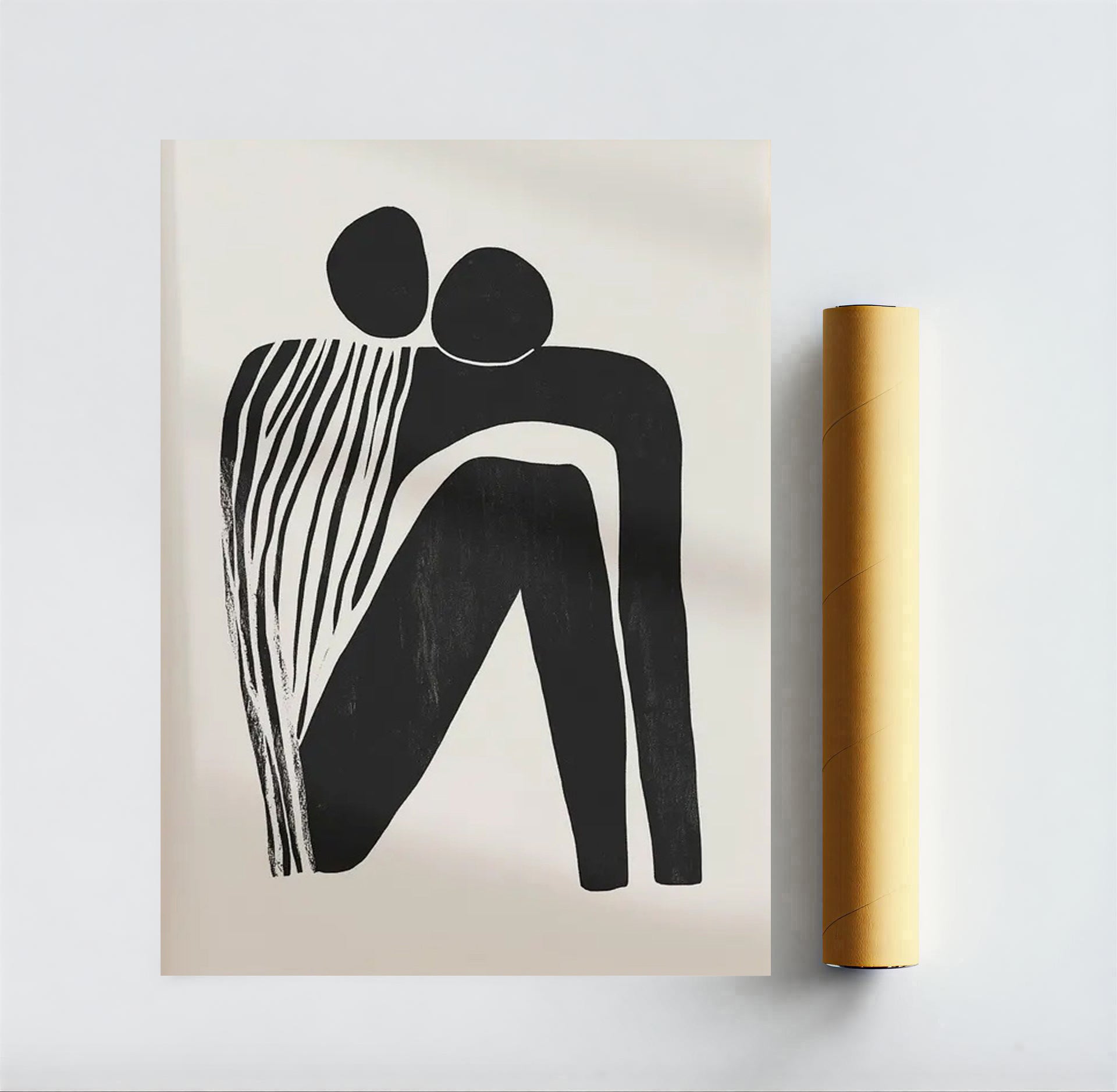 Abstract black and white artwork on a beige background with a gold roll of paper.