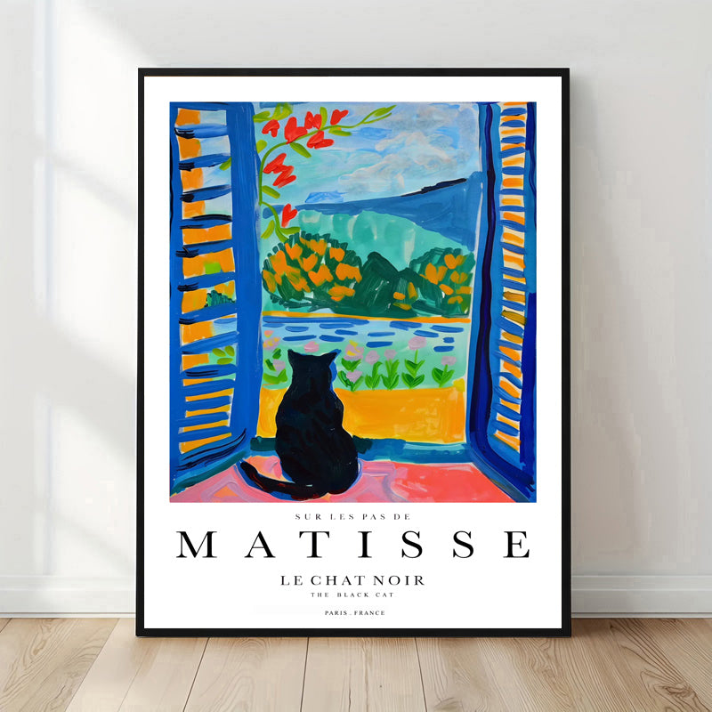 Framed Matisse art print with a black cat and open window scene.