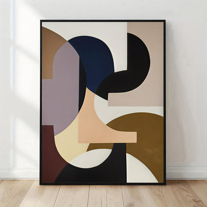 Abstract art print with geometric shapes in various colors on a white wall.