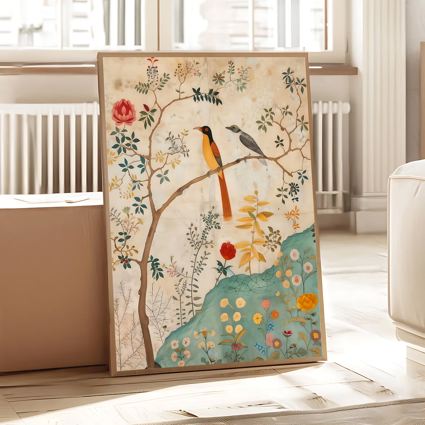 Decorative rug with birds and floral design on a wooden floor.