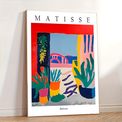 Framed Matisse artwork titled 'Balcony' on a white wall.