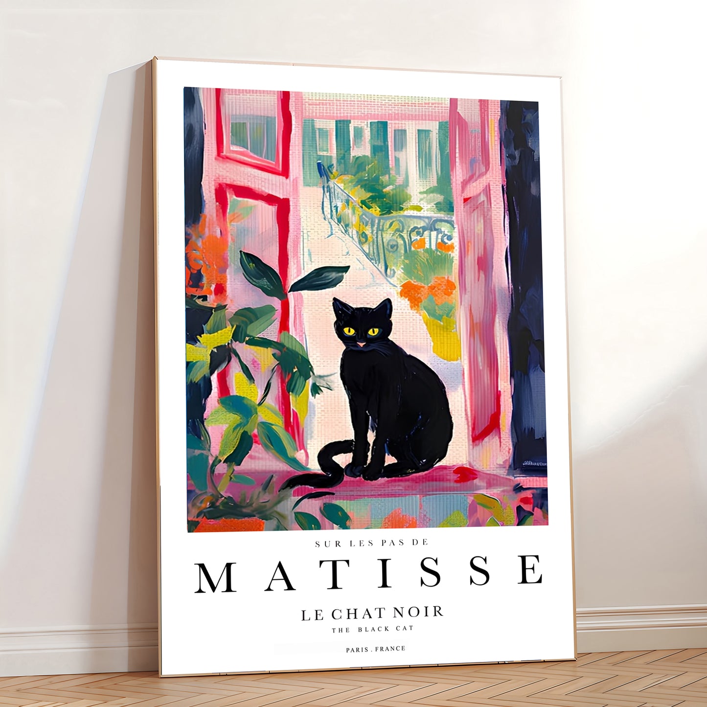 Boho colorful art print with black cat and lush plants