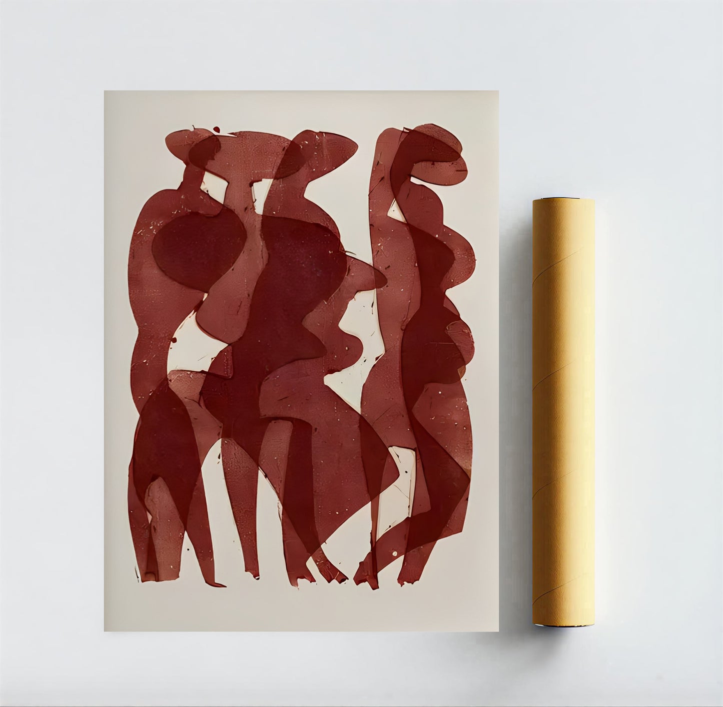 Abstract art print with red figures on a beige background, next to a roll of yellow tape.