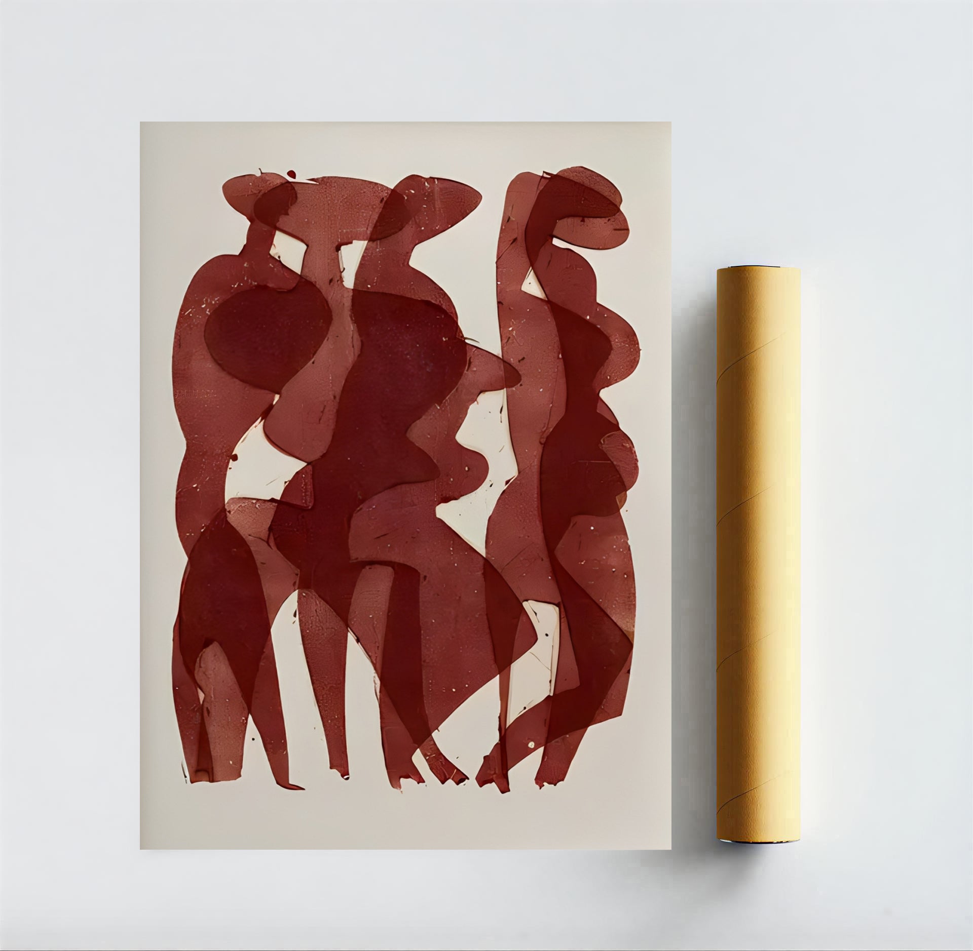 Abstract art print with red figures on a beige background, next to a roll of yellow tape.
