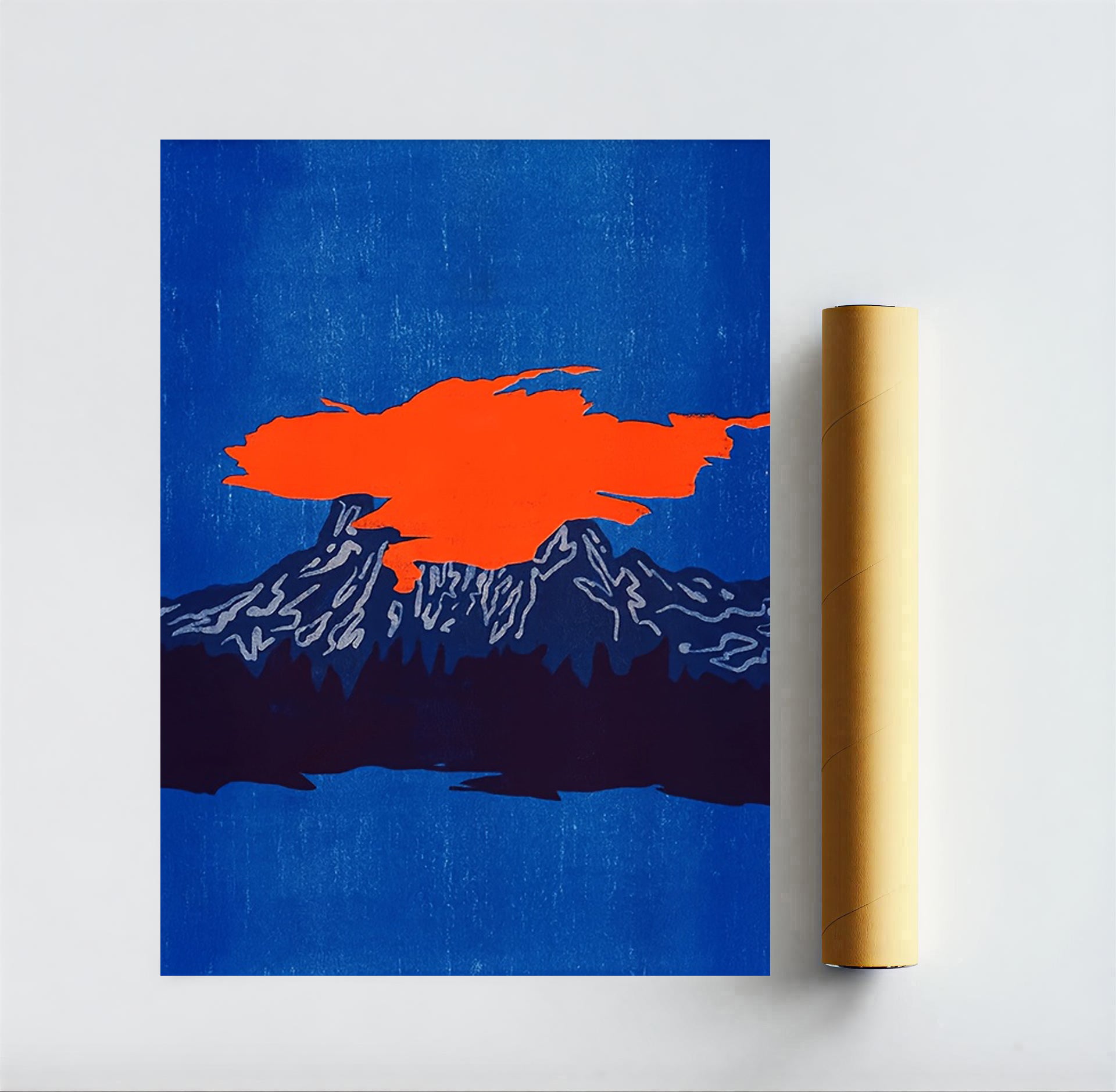 Abstract art piece with orange and black shapes on a blue background