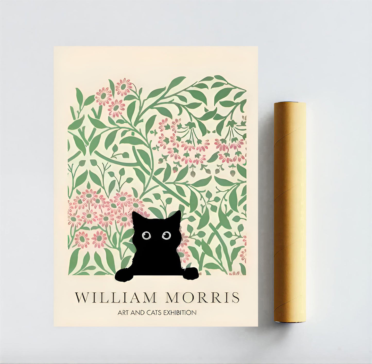 Poster with a black cat art print with  floral design, featuring 'William Morris' text.