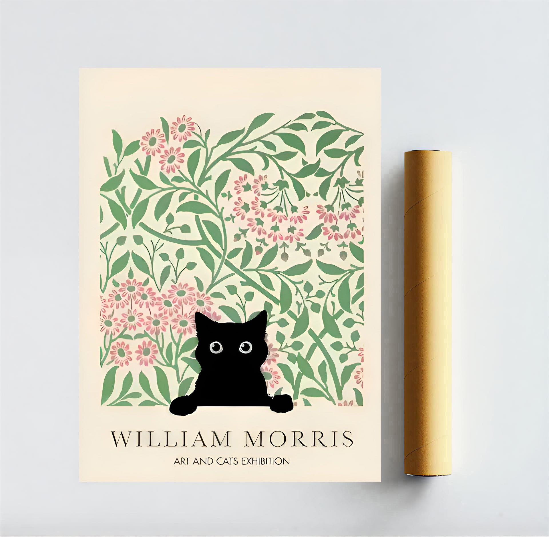 Poster with a black cat art print with  floral design, featuring 'William Morris' text.
