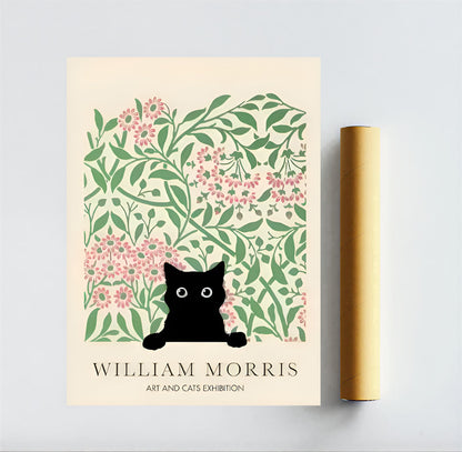 Poster with a black cat art print with  floral design, featuring 'William Morris' text.