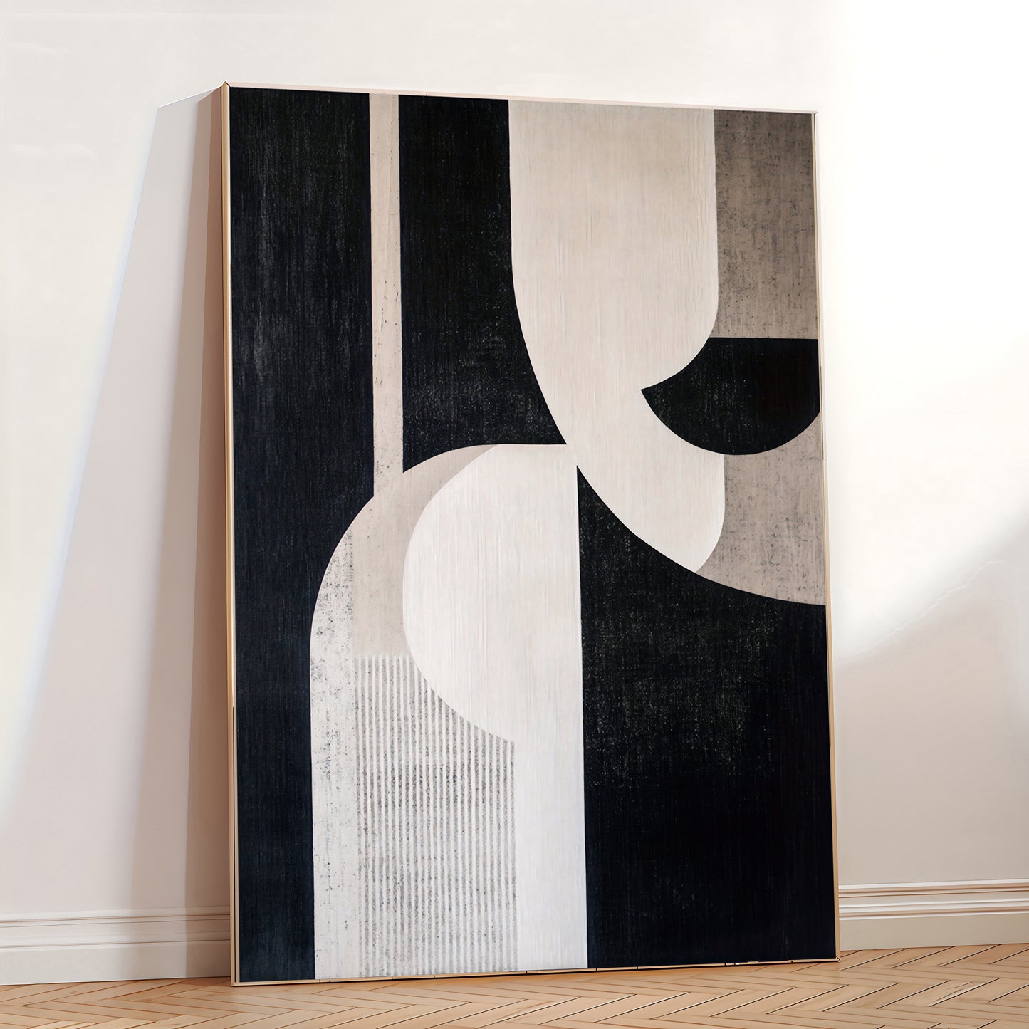 Abstract art piece with geometric shapes on a wall