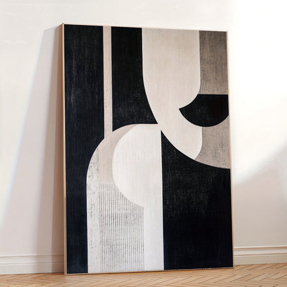 Abstract art piece with geometric shapes on a wall