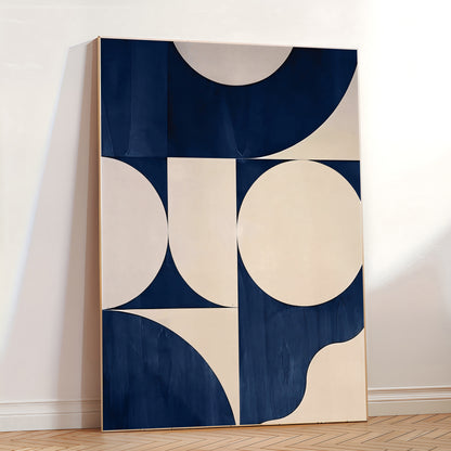 Abstract art piece with geometric shapes on a wall