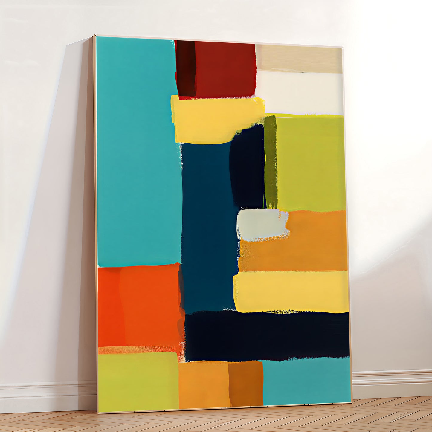 Abstract art painting with colorful blocks on a white wall