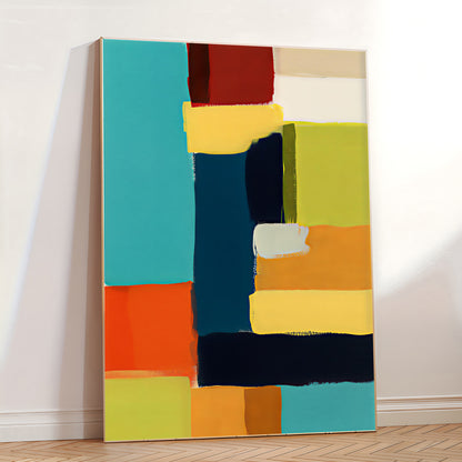Abstract art painting with colorful blocks on a white wall