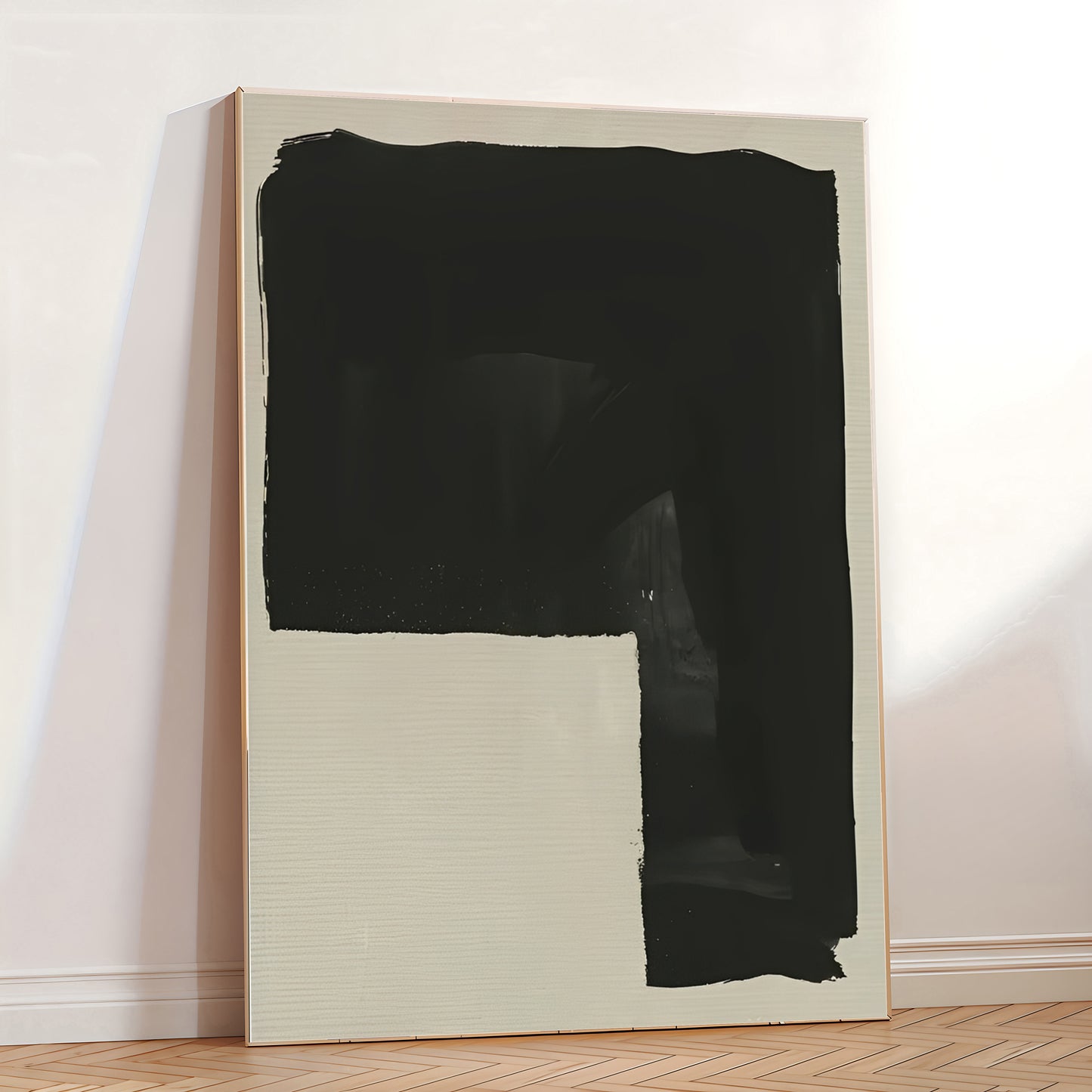 Abstract art piece with a large black rectangular shape on a light background