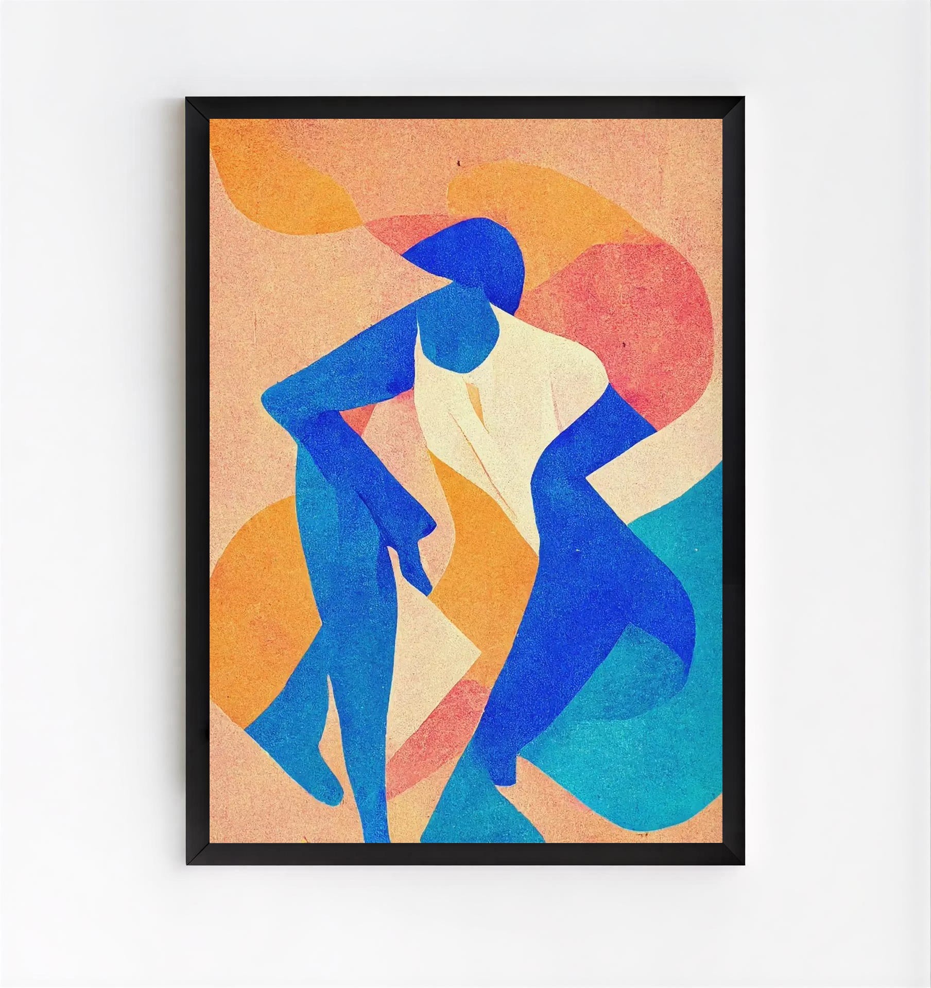 Framed abstract artwork with blue figures on a colorful background