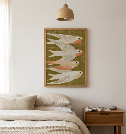Vintage inspired Scandinavian bird poster print by PrintHaus with soft textures bedroom wall decor