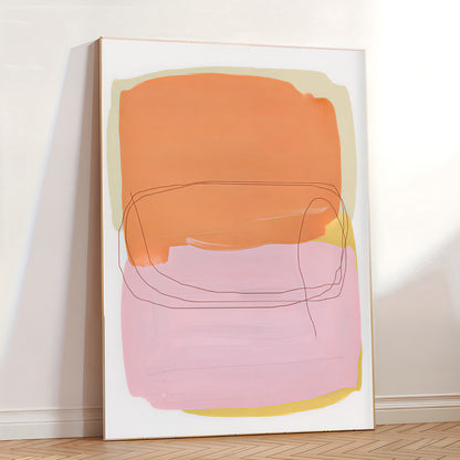 Abstract art print with orange and pink shapes on a white wall.