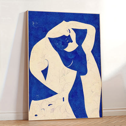 Abstract art piece with blue and white figure on a white wall