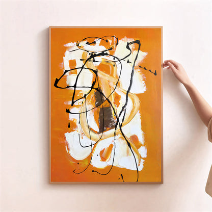 Abstract art piece on an orange background with a hand reaching towards it