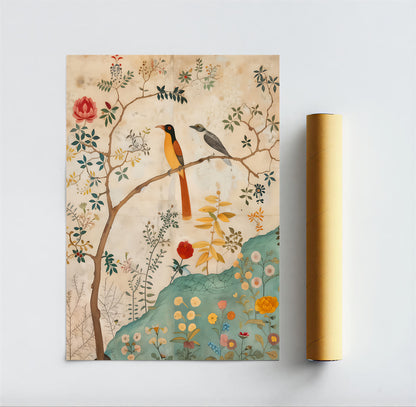 Decorative wall art with birds and floral design on a beige background