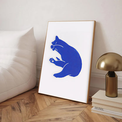 Abstract blue cat silhouette art print on white background