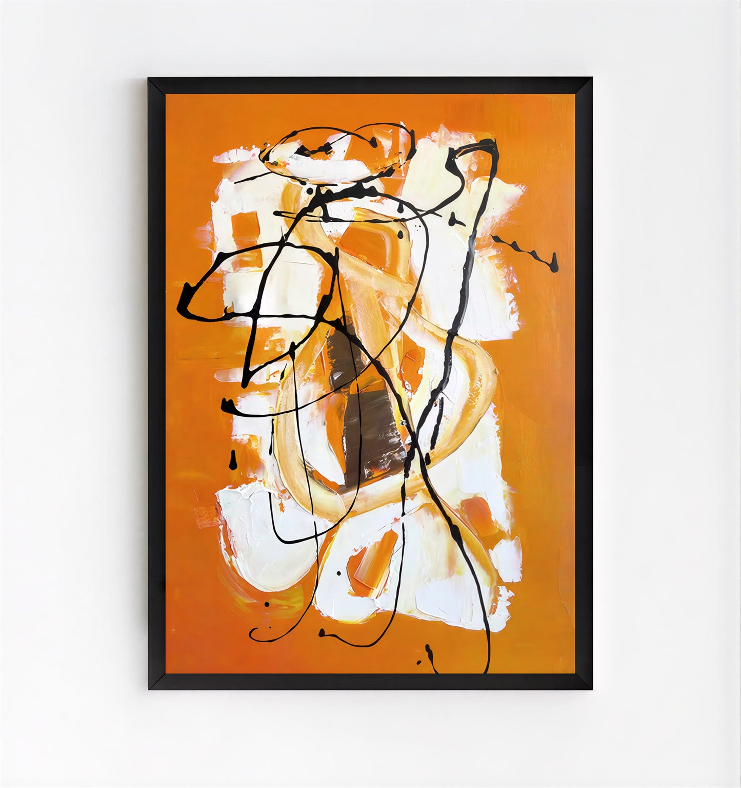 Abstract art painting with black, white, and orange on an orange background