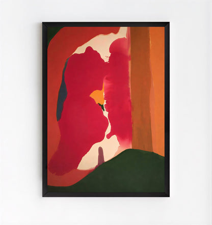 Framed abstract artwork with vibrant colors on a white background