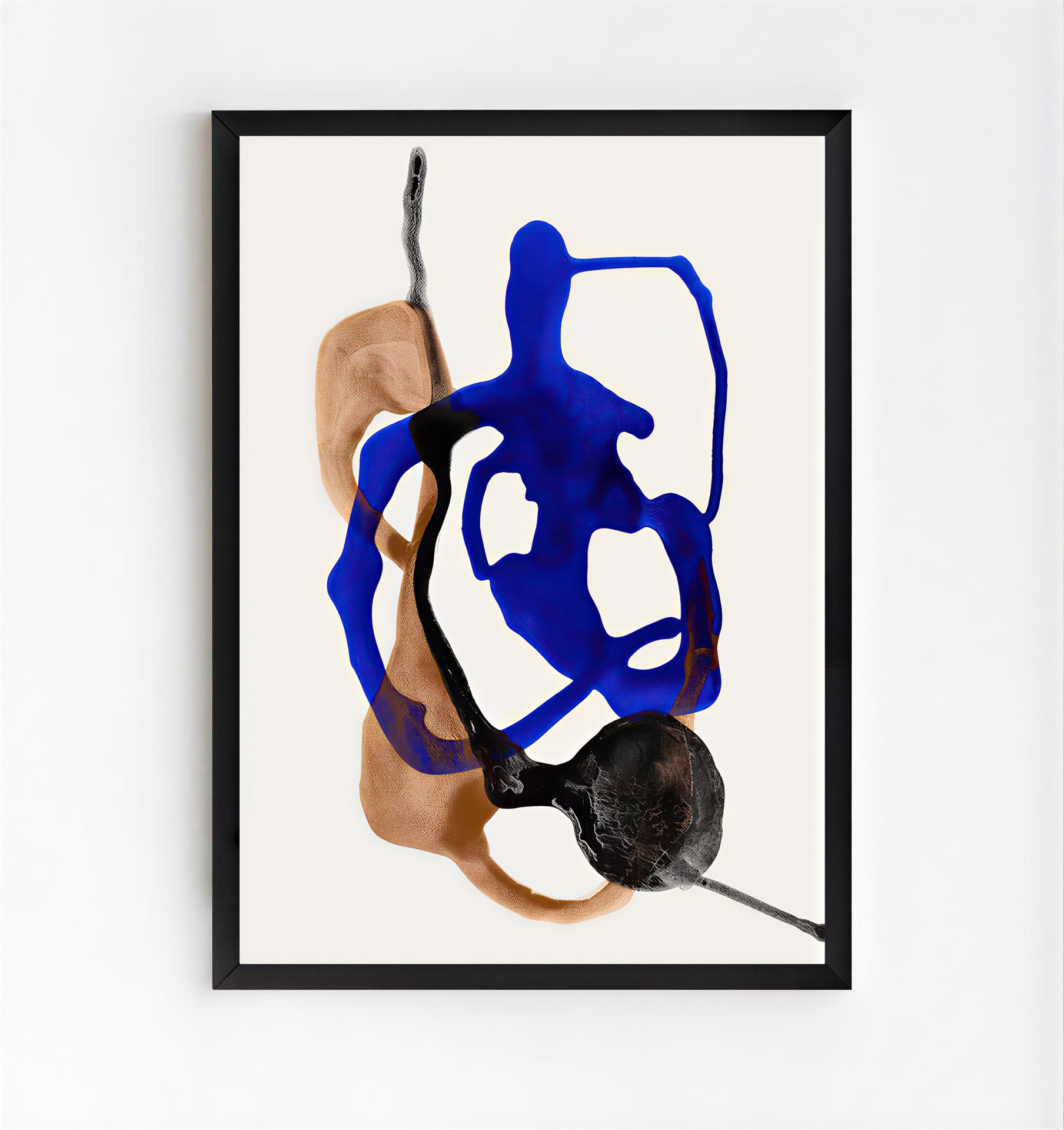 Modern abstract wall art print blue and neutral shapes on a beige background